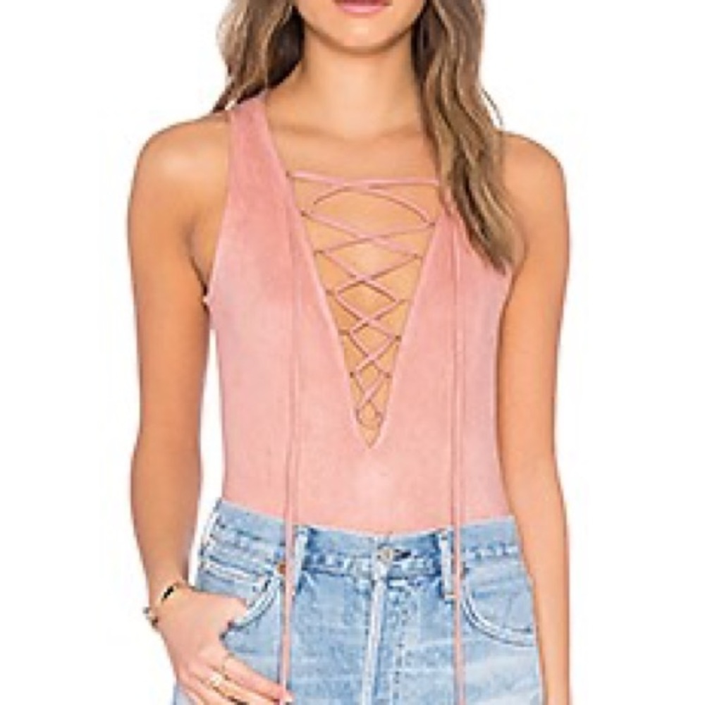 Glamorous Lace Up Bodysuit in Dusty Pink Suede